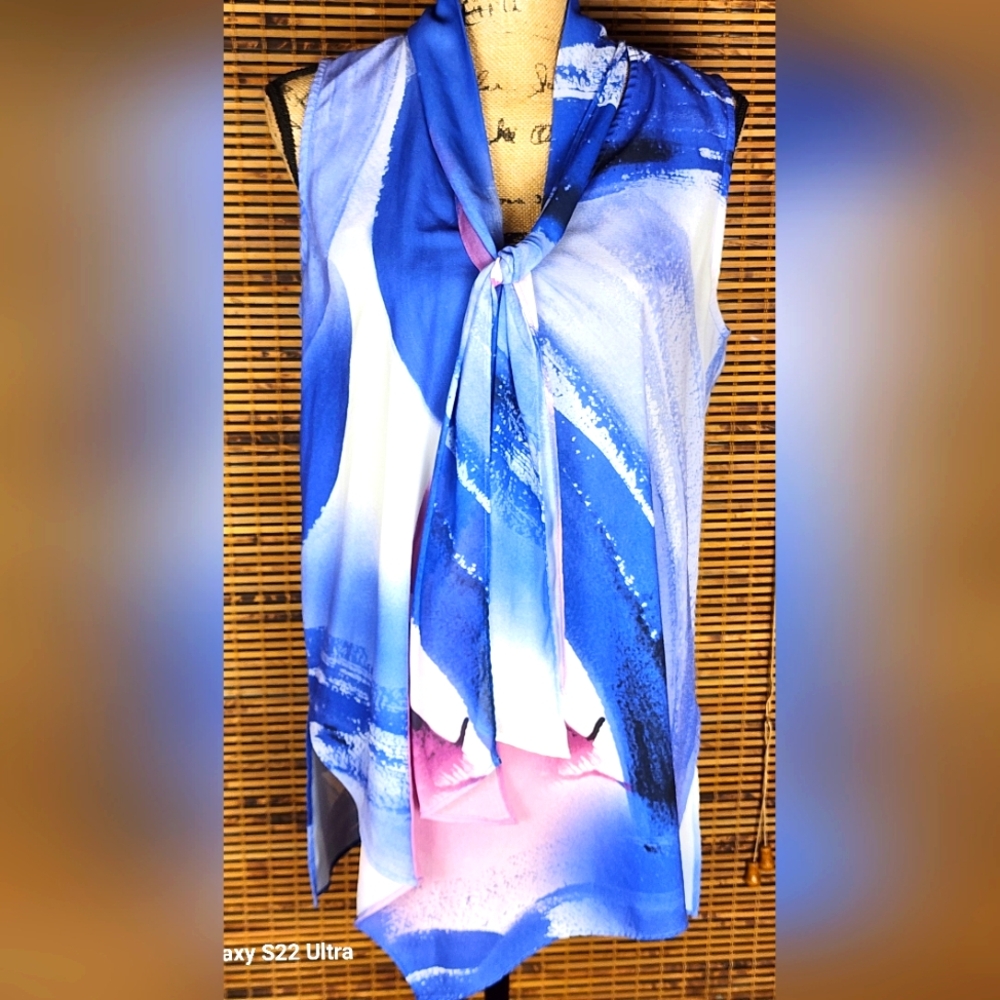 Alfani Blue and White Abstract Blouse with Scarf Tie